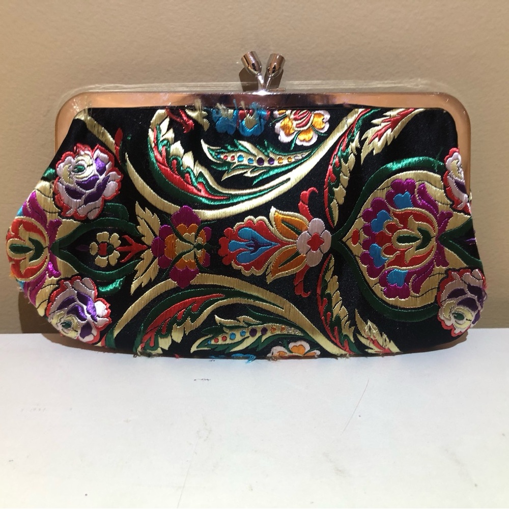 Vibrant Floral Embroidered Clutch With Rhinestone Clasp & Interior Pocket